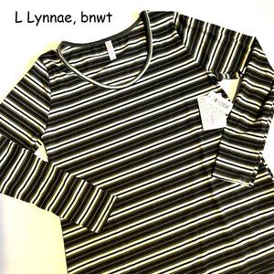 Large Lularoe Lynnae long-sleeved top, black, mint, and olive green stripes